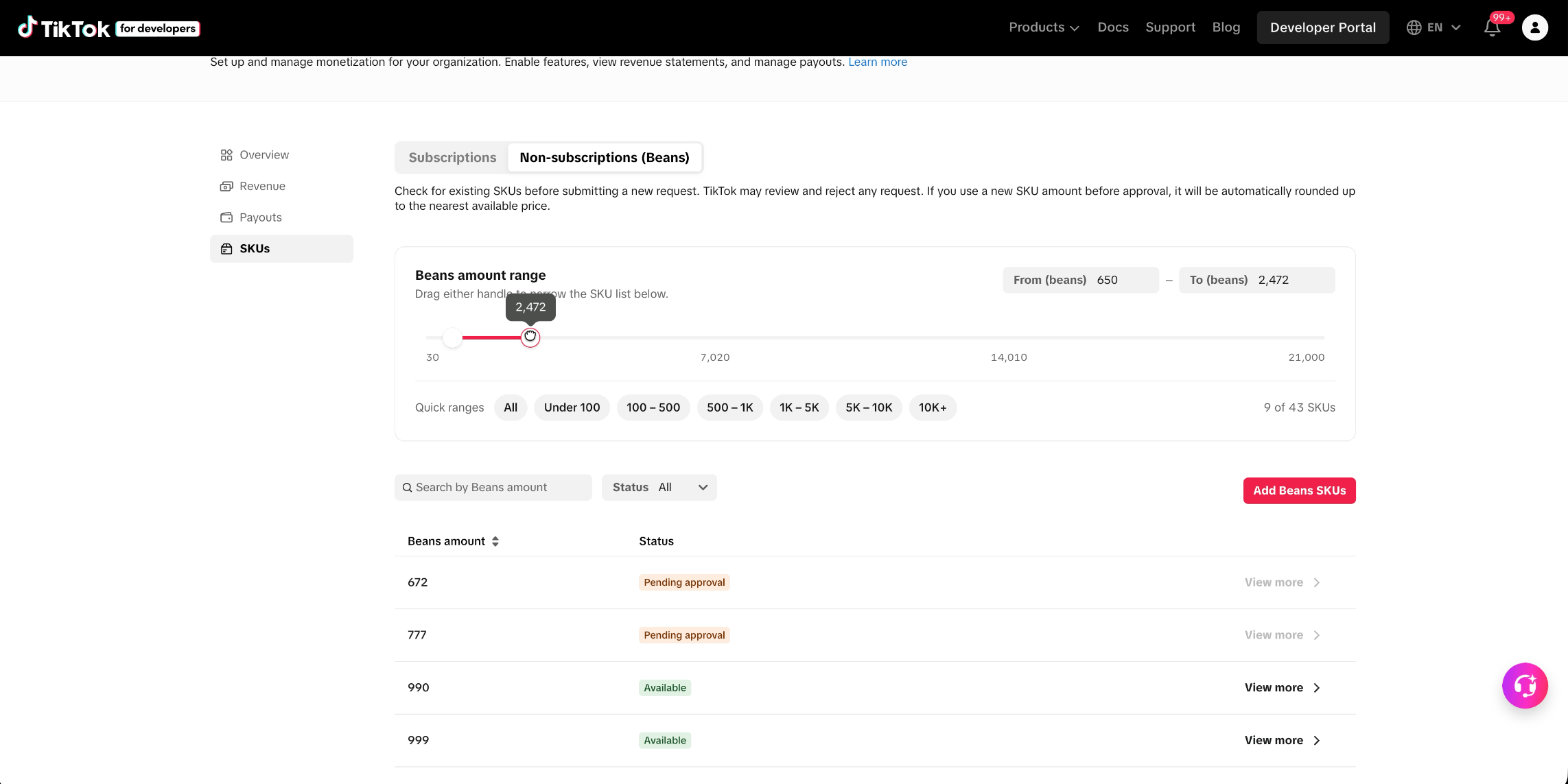 The SKU pricing range filter — dragging the slider handle alongside the From / To numeric inputs